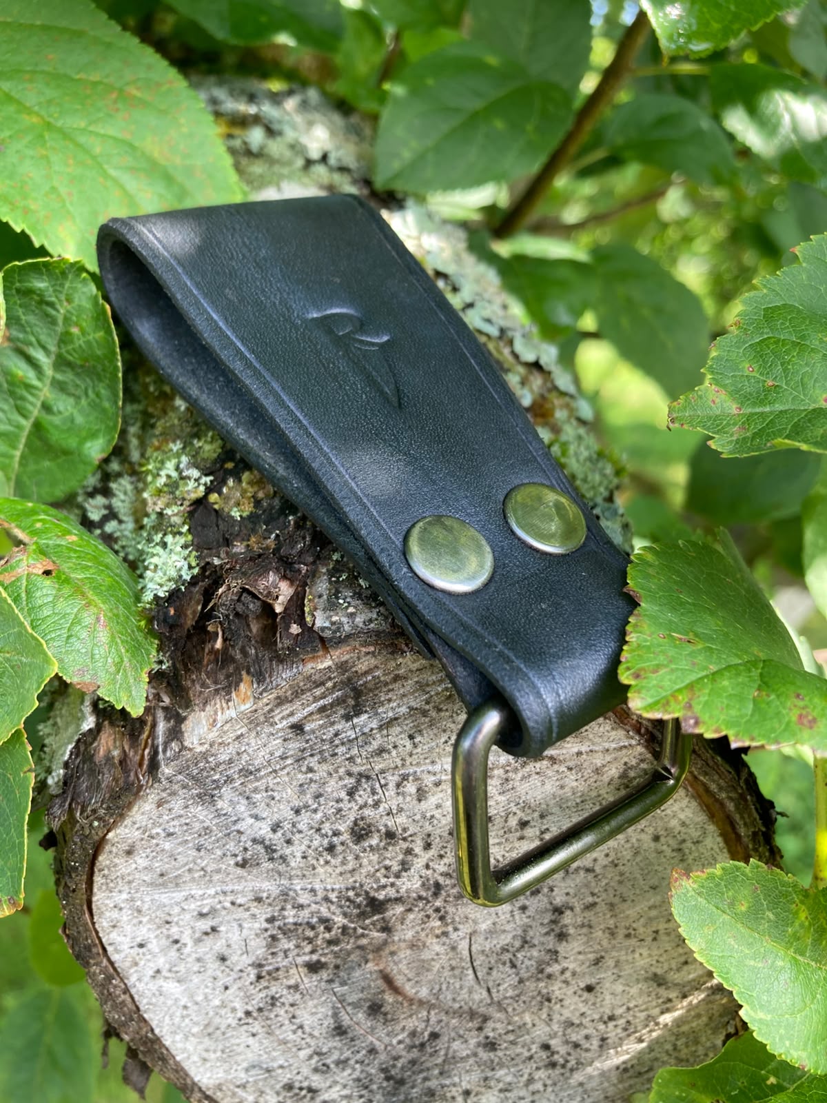 Black leather dangler with D-ring on log