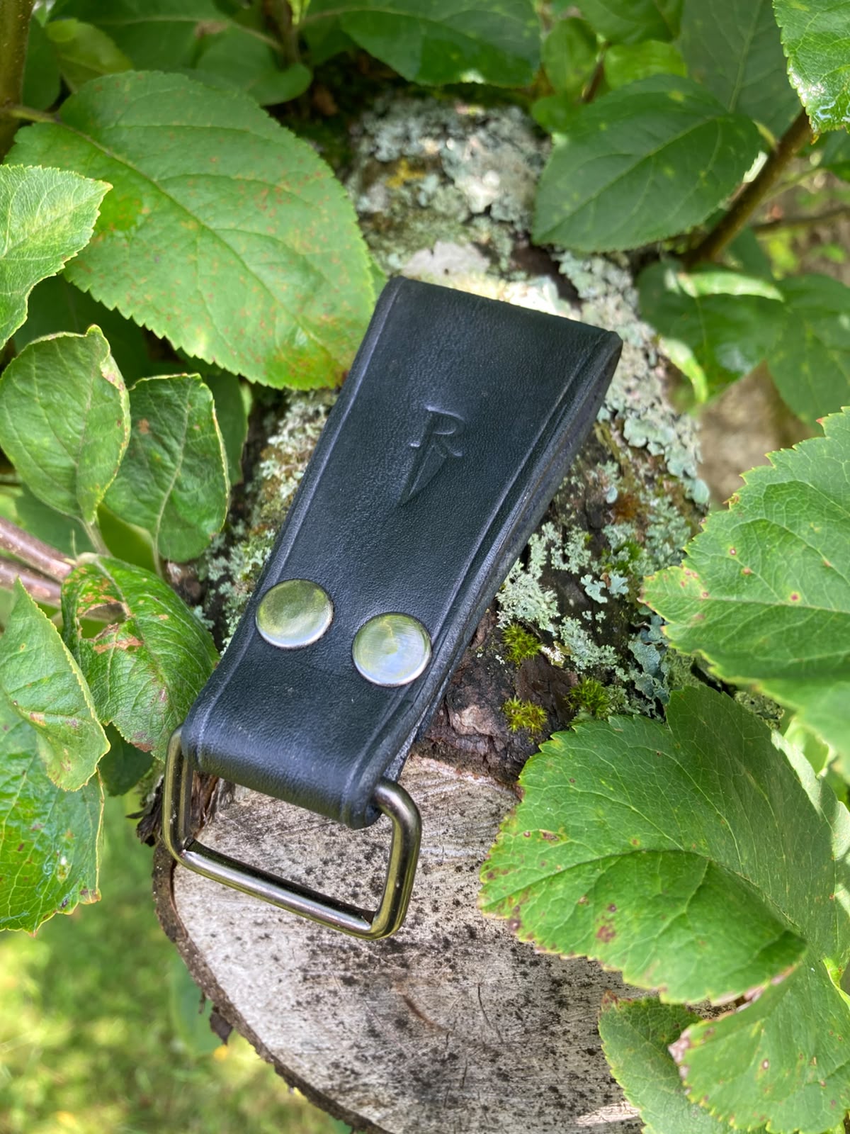 Black leather dangler top view on log